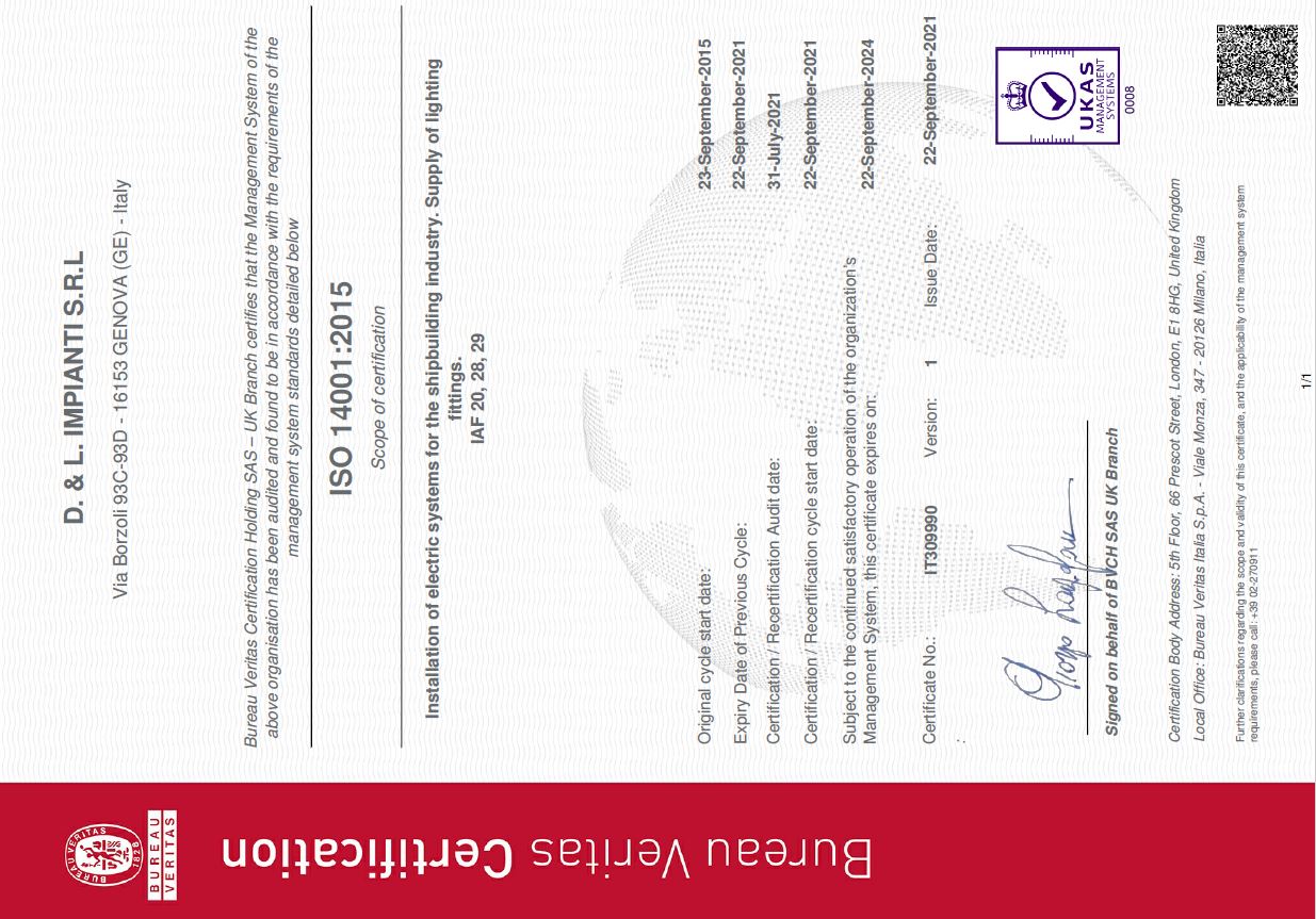 Certificato ISO 14001:2018 D. & L. Impianti S.r.l.