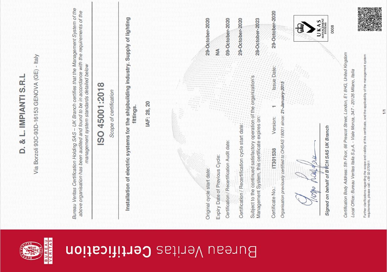 Certificato OHSAS 45001:2018 D. & L. Impianti S.r.l.